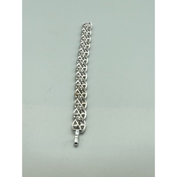 Signed Trifari Silver Tone and Faux Pearls Bracelet Long Textured Metal Links - Picture 5 of 7